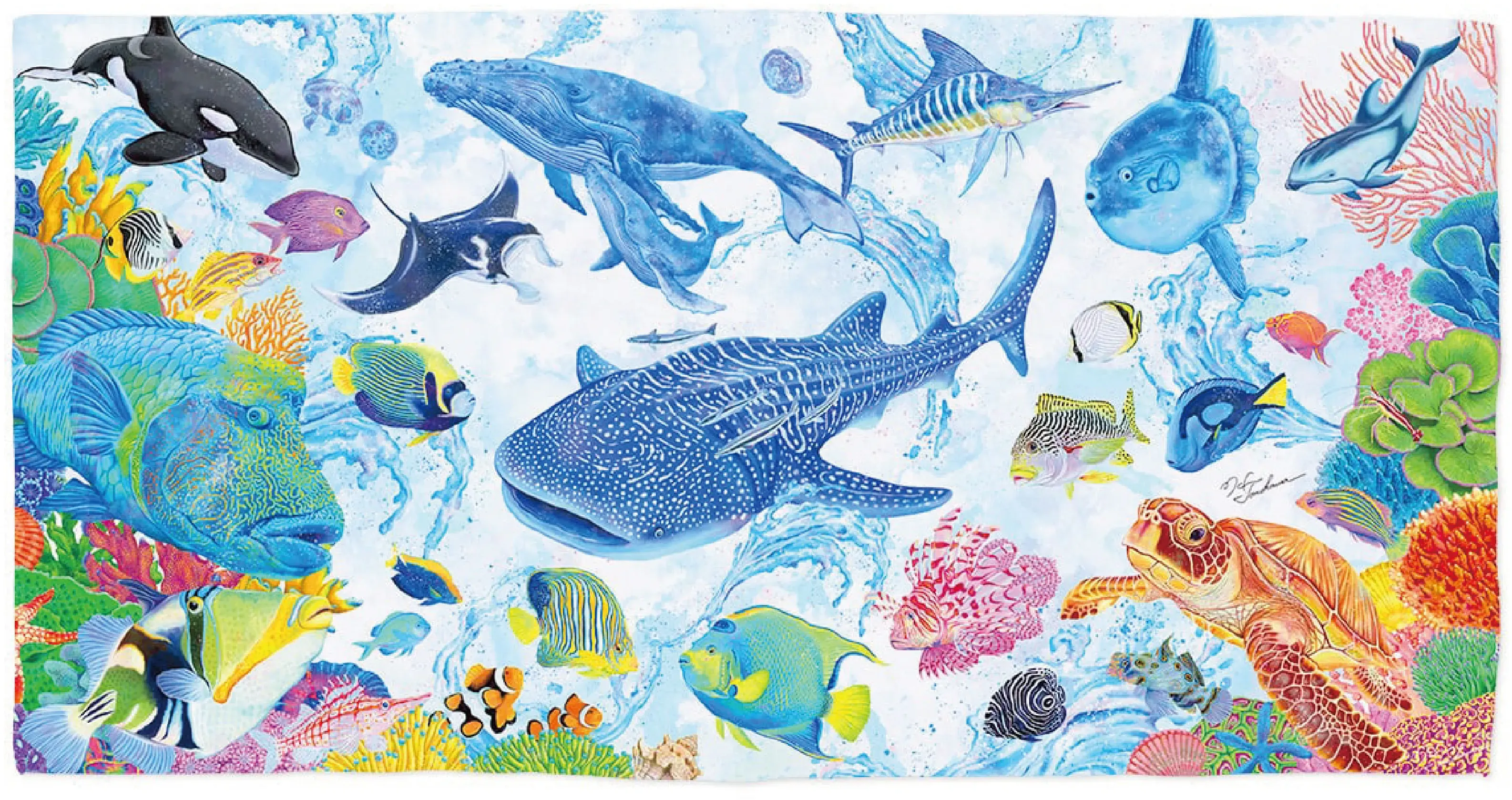 海の生きものを色鮮やかに描いた海宴舞図 第一景のバスタオル