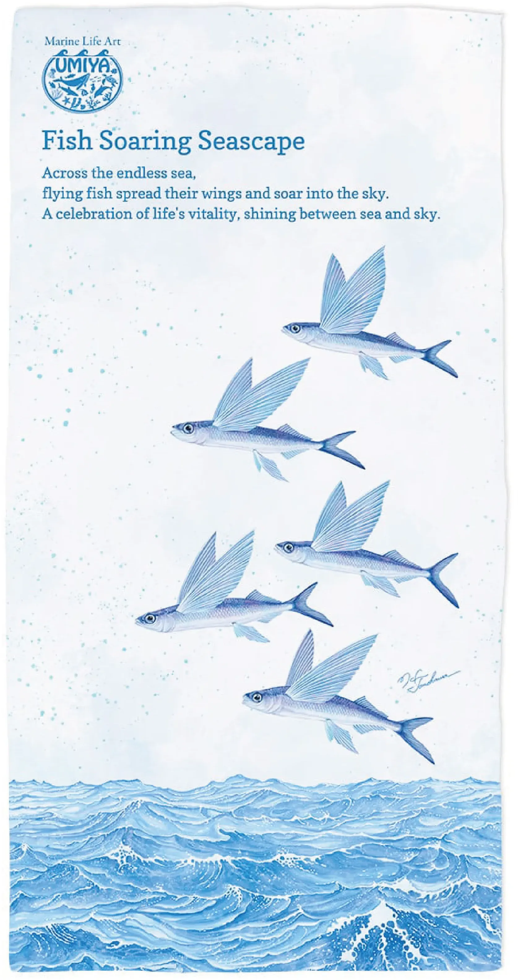トビウオの群れを描いた魚翔海図のバスタオル