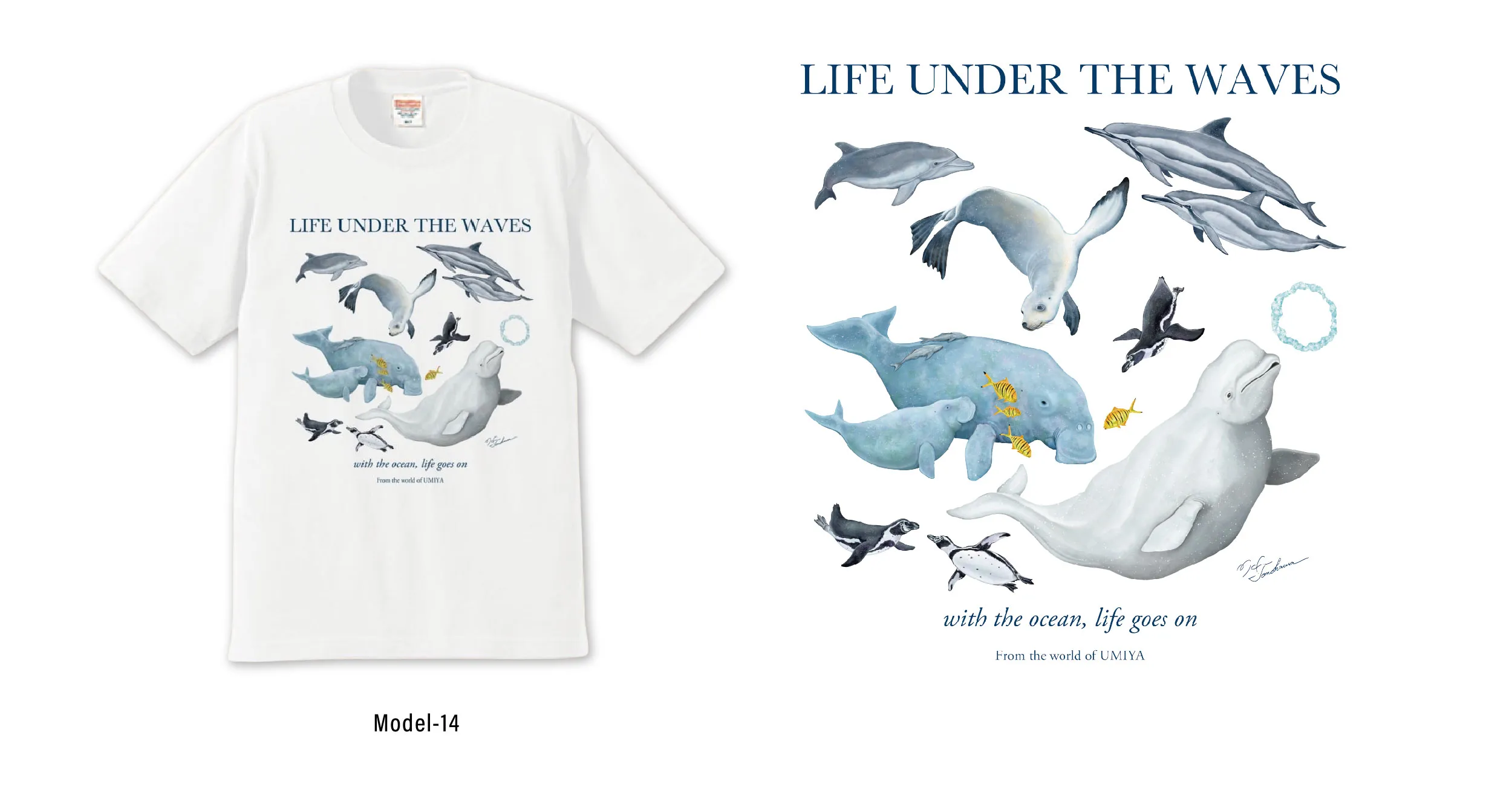 イルカ、ジュゴン、ペンギン、アシカなど海の生きものを描いたUMIYAのTシャツ Model-14